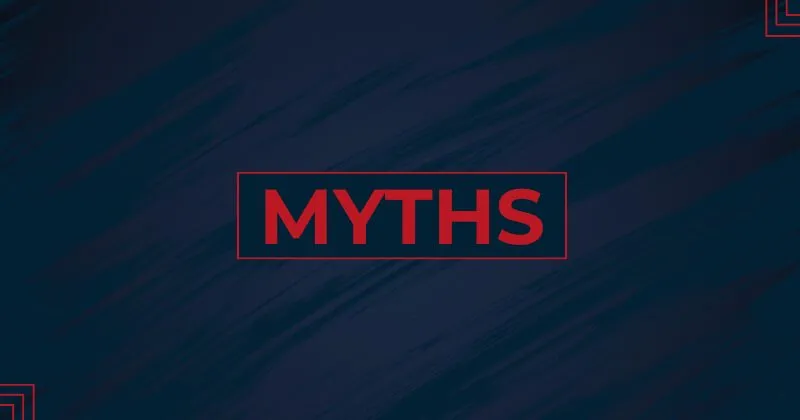 Blue graphic with the word “Myth” in bold red letters, highlighting VA loan misconceptions